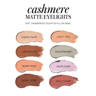 Cashmere Matte Eyelights in eight shades: Tundra Taupe, Dusty Trail, Canyon Clay, Mountain Mist, Desert Rose, Wildflower, ...