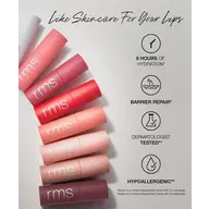 Lip balms in various shades with text: 8 hours hydration, barrier repair, dermatologist tested.