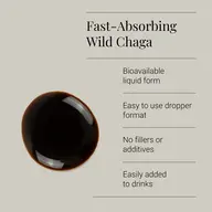 Fast-Absorbing Wild Chaga, bioavailable liquid, dropper format, no fillers, easily added to drinks.