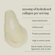 Hydrolysed collagen powder, 9500mg per serving, grass-fed, unflavoured, high in amino acids.