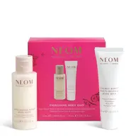 NEOM Wellbeing Energising Body Duo with shower gel and body milk, pink packaging.
