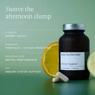 Wild Nutrition Energy Support bottle with lemon slices and capsules. Text highlights vitamin benefits.