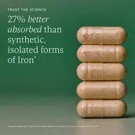 Five beige capsules stacked on a green background with text about iron absorption.