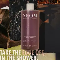 NEOM Feeling Grounded Body Wash, 500ml, with black pepper, ginger, and orange leaf.