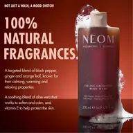 NEOM body wash with black pepper, ginger, orange leaf. Text: 100% natural fragrances.