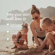 Woman and two children playing on a beach. Text highlights skincare benefits.