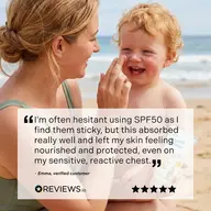Woman applying sunscreen to smiling child on beach. Text: Positive SPF50 review by Emma, verified customer.