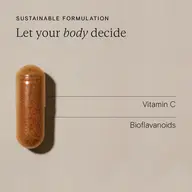 Brown capsule with text: "Sustainable formulation. Let your body decide. Vitamin C, Bioflavanoids.