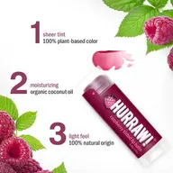 Raspberry lip balm with sheer tint, organic coconut oil, and light feel.
