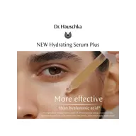 Close-up of a face with serum dropper. Text: Dr. Hauschka, NEW Hydrating Serum Plus.