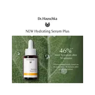 Dr. Hauschka Hydrating Serum Plus bottle on a leaf background. 46% more hydration after 30 minutes.