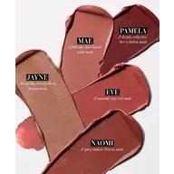 Lipstick swatches labelled: Jayne, Mae, Pamela, Eve, Naomi, in various nude shades.