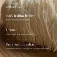 Text overlay on mushroom: "KIKI's difference, 100% fruiting bodies, Organic, Full spectrum extract.