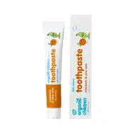 Organic children's toothpaste, mandarin and aloe vera flavour, fluoride-free, tube and box.