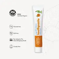 Organic children's toothpaste, mandarin and aloe vera, fluoride-free, 87.5% certified organic.