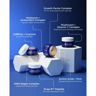 Skincare jars on geometric shapes with ingredient benefits labelled.