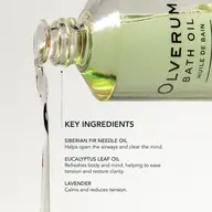 Olverum bath oil pouring. Key ingredients: Siberian fir, eucalyptus, lavender.