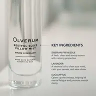 Olverum Restful Sleep Pillow Mist bottle with key ingredients: Siberian fir, lavender, eucalyptus.