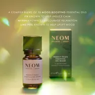Neom Perfect Peace essential oil blend with fir, myrrh, and lime peel. Box and bottle shown.