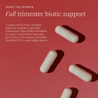 Four probiotic capsules on a red background with text about trimester biotic support.