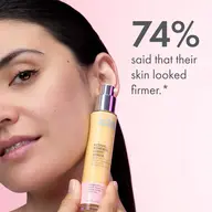 Woman holding Retinal Renewal Night Serum, text: "74% said their skin looked firmer.