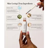 Hands holding RMS concealer with dropper. Ingredients: Revital-Eyes, Eyebright, Tightenyl, Herbal Blend, Squalene.