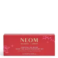Red box of NEOM essential oil blend set, 6x3ml, with floral design.