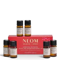 NEOM essential oil set with six bottles and red box.