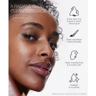 Woman with glowing skin, text: "A radiant glow + clean coverage with SPF 30". Benefits listed.