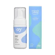 Foaming face wash bottle and box, labelled "oy" and "organic young" with tea tree and willow bark.