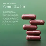 Vitamin B12 Plus capsules stacked on green background with descriptive text.