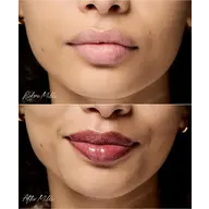 Close-up of lips before and after applying Milla lipstick.