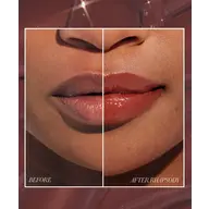 Close-up of lips before and after applying Rhapsody lip product.