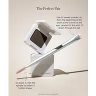 Brow powder and dual-ended brush with spoolie on beige background. Text: "The Perfect Pair".