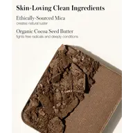Crushed brown eyeshadow with text about mica and cocoa seed butter benefits.