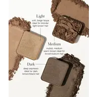 Three hair powders: Light beige taupe, Medium warm brown, Dark espresso. Text describes hair suitability.