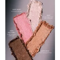 Four makeup swatches: pink, sheer, golden, and bronze with descriptive text.