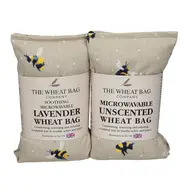 Two wheat bags with bee pattern, labelled lavender and unscented, handmade in the UK.