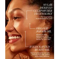 Smiling woman with text about skincare ingredients: sugar-derived gel, jojoba oil, buriti oil.