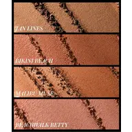 Four sand-textured makeup swatches: Tan Lines, Bikini Beach, Malibu Muse, Beachwalk Betty.