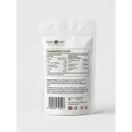 White pouch with supplement facts, MycoNutri logo, and UK contact details.