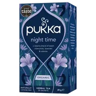 Pukka Night Time herbal tea box with chamomile, lavender, valerian. Organic, 20 sachets, 20g.