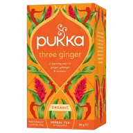 Pukka Three Ginger tea box with ginger, galangal, turmeric design. Contains 20 sachets, 36g.