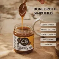 Planet Paleo bone broth jar with spoon, text highlights benefits.