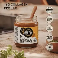 Planet Paleo chicken bone broth jar on table, 46g collagen, organic, sugar-free, high protein.