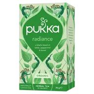 Pukka Radiance herbal tea box with nettle, peppermint, and fennel. Organic, 20 sachets, 36g.