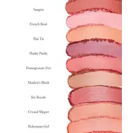 Lipstick swatches with names: Sangria, French Rosé, Mai Tai, Hanky Panky, Pomegranate Fizz.