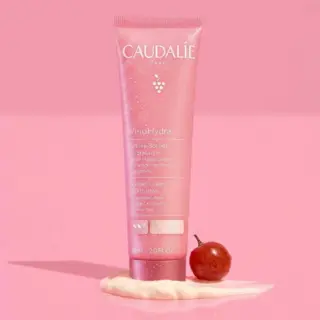 Caudalie VinoHydra Sorbet Cream, 60ml tube, pink background, grape and cream at base.
