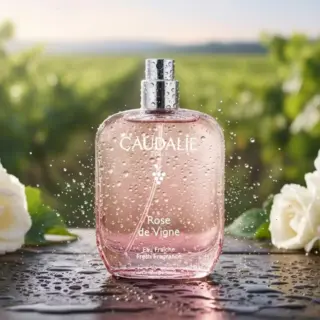 Caudalie Rose de Vigne fragrance bottle with water droplets, set in a vineyard background.