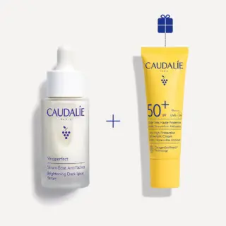 Caudalie serum and SPF 50+ cream with gift icon above.